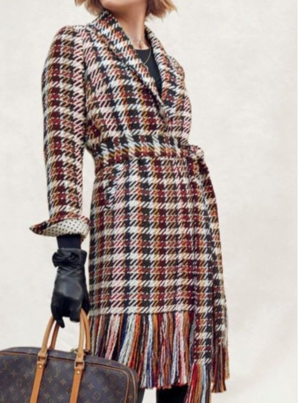 Cabi Regency Plaid Tweed Trench Coat #3901 Size Large Fringe Hem Academia Preppy